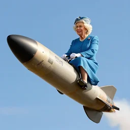 the queen of england riding a nuclear missile through the sky, propaganda 2 0 2 2