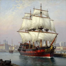 masterpiece painting of a a xix century city docks, port with a single white sails and crimson hull, three mast brigantine pirate ship docked, by greg rutkowski and noah bradley, trending on artstation