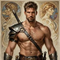 rugged male ranger, handsome, D&D, upper body, muscular, hairy torso, fantasy, intricate, elegant, highly detailed, digital painting, artstation, concept art, smooth, sharp focus, illustration, art by artgerm and greg rutkowski and alphonse mucha