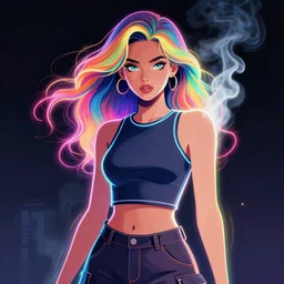 a award winning half body portrait of a beautiful woman with stunning eyes in a croptop and cargo pants with smoke for hair in rainbow colors, outlined by whirling illuminated neon lines, outrun, vaporware, shaded flat illustration, digital art, trending on artstation, highly detailed, fine detail, intricate