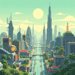 4 k, a solarpunk city, pixel art, futuristic, geometric, ordered, pixel art style