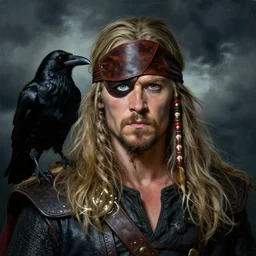 one-eyed hugh laurie as odin with only one eye, wearing a leather eye-patch!, blind on eye, missing an eye, eyepatch, pirate, a raven on his shoulder, dark background, stormy clouds, hyperrealistic, very detailed painting by Glenn Fabry, by Joao Ruas, by Artgerm