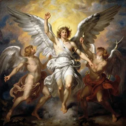 lucifer rallying rebel angels in heaven. art by gaston bussiere.