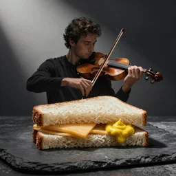 ham sandwich with cheese and mustard playing a violin