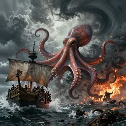 giant octopus attacking pirate ships, people drowning, dramatic swirling clouds, storm, smoke, fire, chaos, photo realistic, 8k, artstation, dark, cinematic, epic