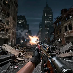 fps shooter game in new york city ruins, video game, famas, firing, night, hyperdetailed, artstation, cgsociety, 8 k