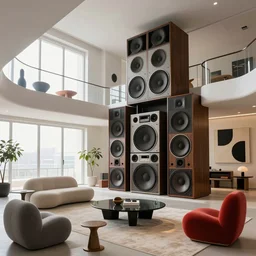 hyper detailed, retro futuristic loft apartment, elevated walkways designed by m c escher, massive 7 0 s hi fi audio system, funky designer furniture, modern abstract art, wabi sabi