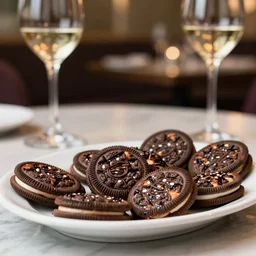 8 5 mm food photography of a plate full of grilled oreos at restaurant with dof and bokeh and wine glasses o