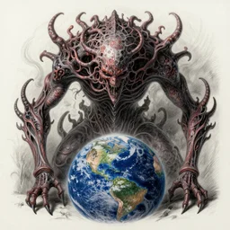 a breathtaking 3 d pencil symmetrical drawing of an incommensurable, malevolent entity, anti life, the darkness that awaits at the end of everything, light bends to it unnaturally, approaching earth, lovecraftian horror, saturated colors, digital art, catalogue raisonne, autodesk maya, cinema 4 d, hyperrealism, anthropomorphism, ultra detailed, 3 point perspective, octane render, arnonld render, photoshopped, physically - based rendering, daz 3 d, by fredo