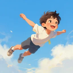 Expressive painting of a happy boy flying through the air, digital art by Krenz Cushart, trending on artstation
