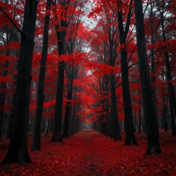a surreal disorienting forest where the trees have black trunks and vibrant red leaves, digital art