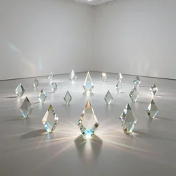 the art of tokujin yoshioka numerous crystal prisms placed in direct reflection of light that refract and bounce infinite rays of colour throughout the wide and white, cinematic focus, neutral colors, soft lights, foggy, by hara kenya