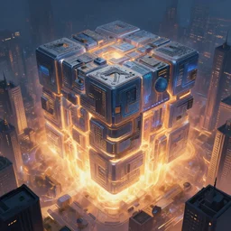 giant dimensional cube absorbing energy from the city, concept art, digital painting, trending on artstation, deviantart, epic composition, extremely detailed, volumetric lighting, masterpiece