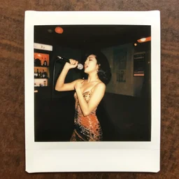 a polaroid photograph taken by nobuyoshi araki of a beautiful dancer singing in karaoke bar in tokyo 1 9 7 8, backlit