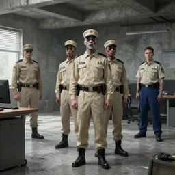 zombie security officers ( beige uniform and caps ) and ( blue pants ) in ( brutalist concrete office ) trending on artstation high detail digital painting 4 k 8 k hd