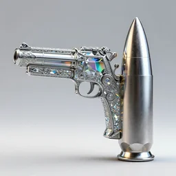 geometric mathematical gun bullet shaped metal sculpture with ornate crystal glass elements reflecting rainbows into iridescent patterns in the shape of a silver bullet by jack storms, octane render, 4 k, intricate, detailed, 3 d