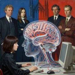 transparent human brain connected with wires and cords to a 9 0 s computer, ayami kojima, karol bak, greg hildebrandt, mark brooks, neo - gothic, rich split - complementary colors. beksinski painting, adrian ghenie, gerhard richter, takato yamamoto. realistic detailed image
