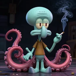 hyperrealistic mixed media image squidward tentacles, stunning 3 d render inspired art by greg rutkowski and xiang duan and thomas eakes, smoking a cigarette,