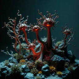 rhizomuse lifeforms, diorama, stunning photo, artist impression, cgsociety, abstract sculpture, warm ambient lighting, glow, deep shadows, hyperdetailed, 8 k