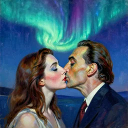 close portrait of woman and man kissing. aurora borealis. iridescent, psychedelic lapis - lazuli, turquoise colors. painting by salvador dali, agnes pelton, utamaro, monet