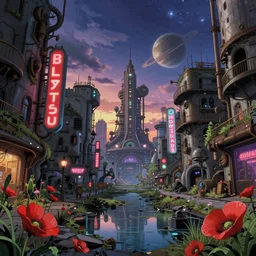 a beautiful detailed anime illustration of street industrial architecture city nature abandoned by denise scott brown, at dusk at winter hyperrealism water poppy neon signs steampunk saturn sci - fi reclaimed by nature postcyberpunk futuristic cyberpunk galactic fisheye dieselpunk lake dramatic lighting, archdaily, wallpaper, highly detailed, trending on artstation.