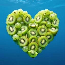 romantic underwater photography heart shape made of of green kiwi fruits and green gooseberry berries front an underwater volcano, concept, fantasy, glowing, photorealistim, epic, volumetric light, golden hour