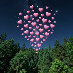 pink hearts flooding the starry night sky, green forest, trending on artstation, beautiful, detailed, realistic, 4 k