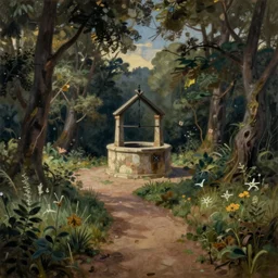 a path that leads to a clearing with an old well, mysticism, oil painting, masterpiece, medieval art, nature