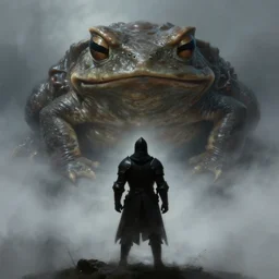 a digital painting of the silhouette of a knight facing off against a giant slime covered toad, dark knight, foggy, atmospheric, realistic, highly detailed, by tony sart and gerald brom
