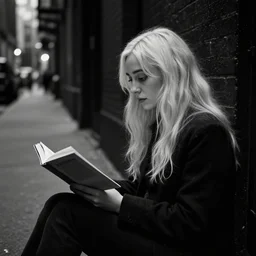 evanna lynch reading a book sitting in a dark alley of new york city, 1 0 5 mm shot, dark, calm, discrete lights, black and white, beautiful, traits, white long hairs