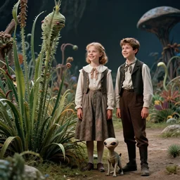 detailed, sharp, a girl and a boy standing next to some strange wild alien plants, looking happy, wearing 1860s era clothes, their small pet tiny alien creature is standing nearby, in a park on a strange alien planet, extremely highly detailed, in focus faces, 70mm still from a classic period sci fi color blockbuster movie, 4k, 35mm macro lens, high quality lighting, sharp focus