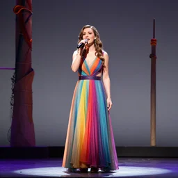beautiful actress singing on a stage of a broadway musical, colorful dress, tall decorations, grey setting, extremely detailed, professional photography, theatrical lighting, volumetric lighting, hyperrealism