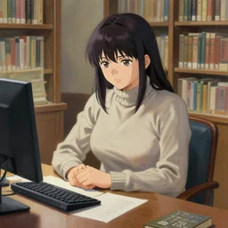 a very chesty anime woman wearing turtleneck sitting at a desk in a library, a detailed painting by zhou jichang, trending on pixiv, fantasy art, official art, detailed painting, anime