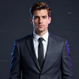 man made of glitch art wearing a suit, game character, portrait, realism