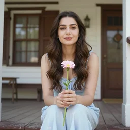 a beautiful portrait of the turkish actress rabia soyturk, duy beni serial, sitting on the porch holding a flower, in front of the house