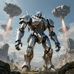 highly detailed elden ring portrait photo of a huge chrome plated robotic giant in a scenic dystopian environment. a fleet of even bigger massive spacecrafts lift off in the background, starting engines jet drive, hyperrealistic illustration by william didier - pouget
