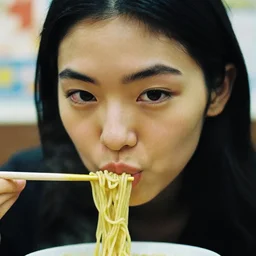 close up of face of female asian fashion model, at noodles fastfood in in tokio, photo by ellen von unwerth, analog, grainy, dramatic lighting, highly detailed