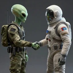 an alien soldier shaking hands with an space survivor, award winning, trending on artstation, unreal engine