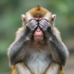 blurry photo of a monkey covering its eyes with its hands