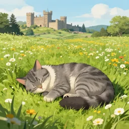 gryphon sleeping in flowery field, castles in the distance