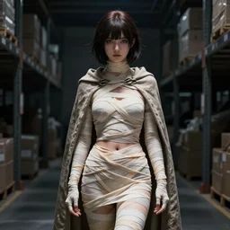 Dark warehouse, a young woman with short dark hair, full body modelling in gauze bandages, cloth wraps, sarong, heavy cloak, serious expression, spotlight on subject, detailed face, digital anime art, by WLOP