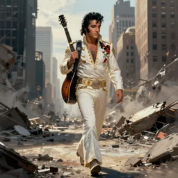 concept art painting of elvis presley walking through post apocalyptic new york with a guitar strapped to his back