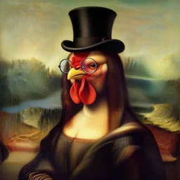 portrait of a rooster, with top hat!!! and monocle!!!, painted by the mona lisa