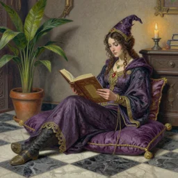 a pastel drawing of a woman wizard, ornate clothing, lounging on a purpur pillow on the marbled checkered floor in her study room reading an ancient tome. to the side is a potted plant, moody candlelit raytracing. ancient scifi fantasy setting. detailed face, sharp focus. by chie yoshii and vermeer