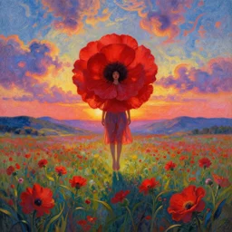 giant red flower afro, full body, girl floating in the middle of a field with flowers, surreal photography, hills, sunrise dramatic light, impressionist painting, colorful clouds, digital painting, pointillism, artstation, simon stalenhag