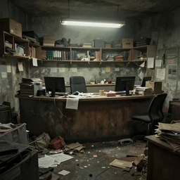 an messy booking office with nobody there, chaos, dim light, apocalypstic vibe, artstation, mixed media, - w 7 6 8