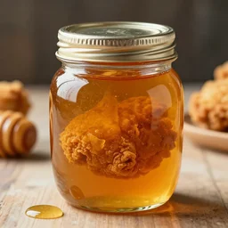 chicken honey, honey with fried chicken floating inside the jar, we make our honey fresh with batches of chicken, food product promo, studio photography
