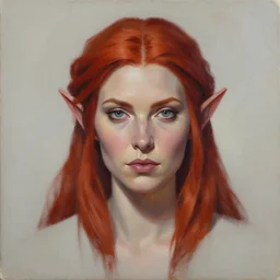 a detailed matte oil on canvas head on symmetrical portrait of a distinguished elven woman with red hair on an empty background, by charlie bowater, lise deharme, wlop, trending on artstationhd, dungeons and dragons art, critical role