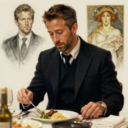 ryan raynolds eating dinner, character sheet, character design, contrast, deep focus, turnaround, highly detailed, dramatic lighting, digital painting, artstation, concept art, matte, sharp focus, illustration, elegant, art by artgerm and greg f and alphonse mucha.