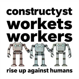 “constructivist poster of robot workers text rise up against humans”